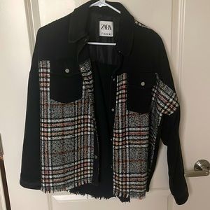 Denim jacket with wool detail and frayed hem